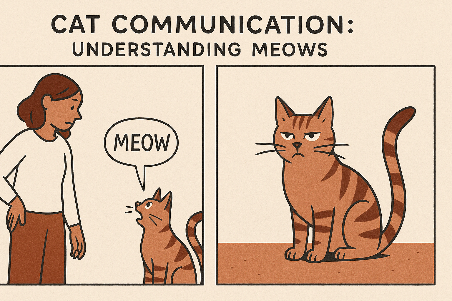 Two cats sit facing each other; one meows loudly while the other looks puzzled, surrounded by thought bubbles with question m