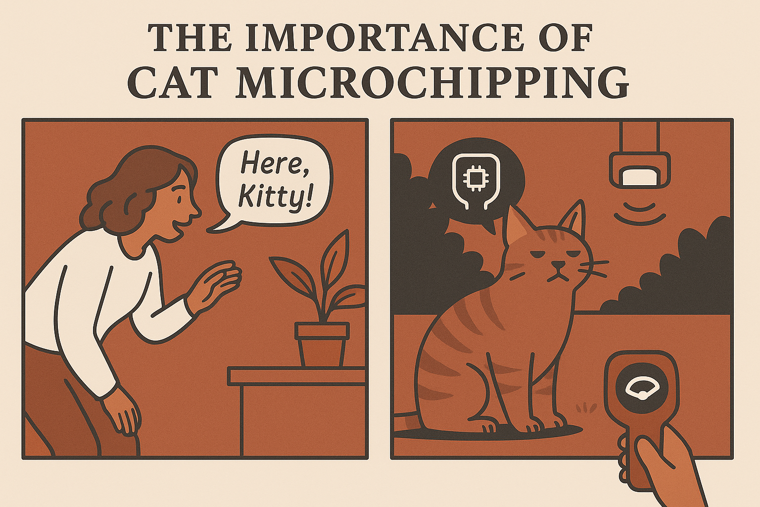 Two cats discuss their recent microchipping, one excitedly sharing how it helps owners find lost pets, while the other looks
