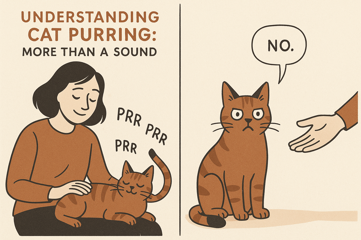 Two cats lounging on a sunny windowsill; one purrs happily while the other curiously asks, "What does that sound mean?