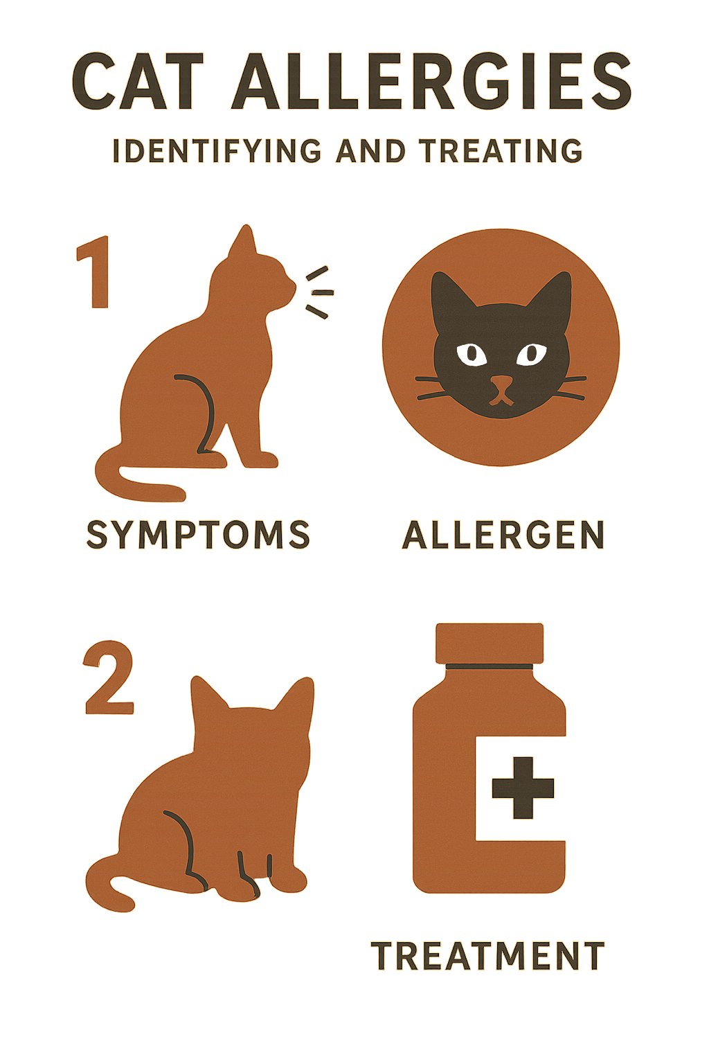 Flat-design infographic featuring a cat with allergy symptoms, pollen icons, and treatment options like antihistamines and ai