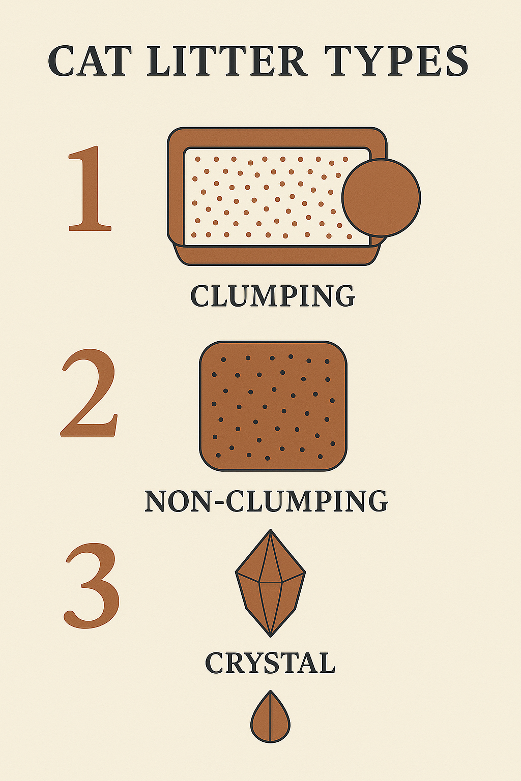Colorful infographic comparing various cat litter types, featuring icons, benefits, and tips for choosing the best option for
