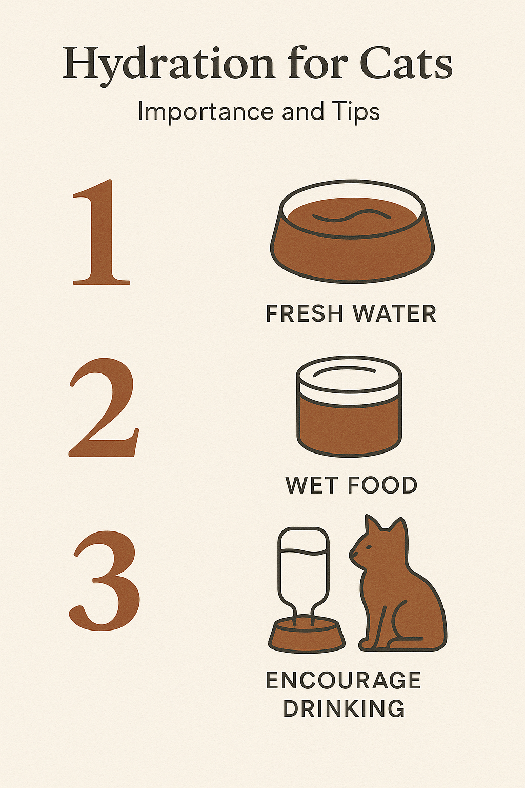 Colorful infographic featuring tips for cat hydration, with illustrations of water bowls, playful cats, and hydration facts.
