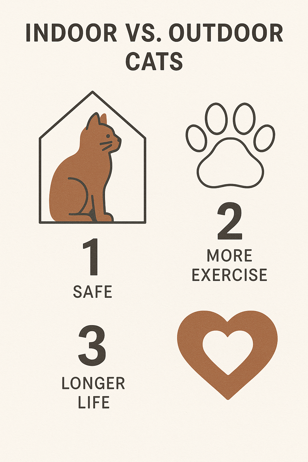 Colorful infographic comparing indoor and outdoor cats, featuring icons of cats, pros and cons lists, and playful illustratio